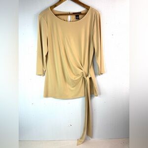 Joan Vass L Long Sleeved Side Swag Tie Top in Beige Workwear